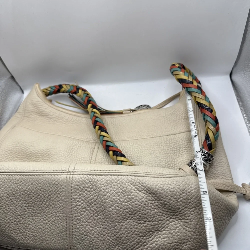 Brighton Ivory Pebbled Leather Hobo Shoulder Bag Multicolor Braided Strap...